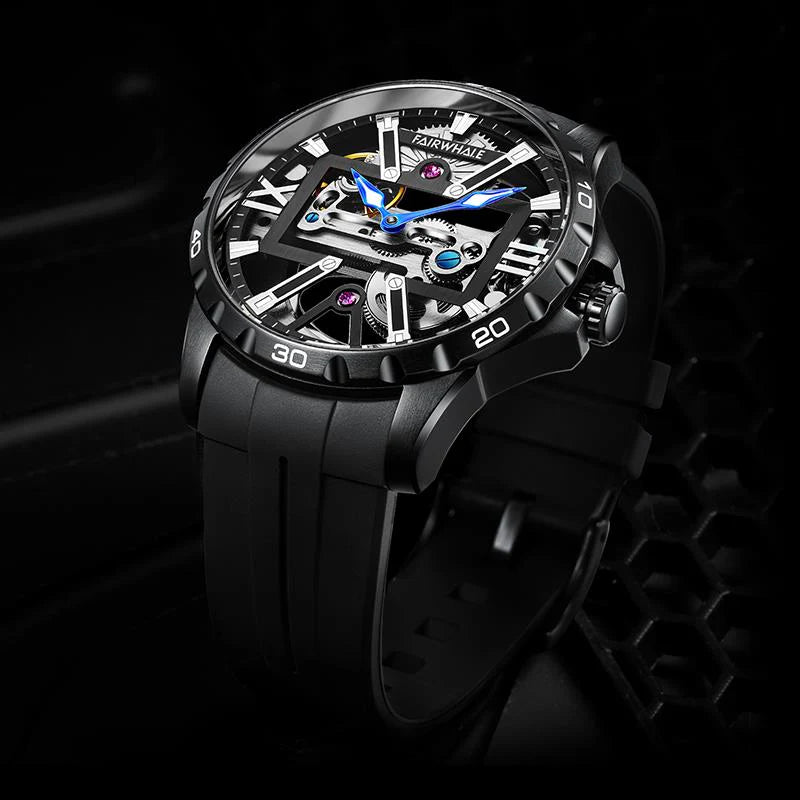 Mark Fairwhale NORIVEXA Obsidian Luxe – Sleek black automatic watch for men, 43mm stainless steel case, luminous dial
