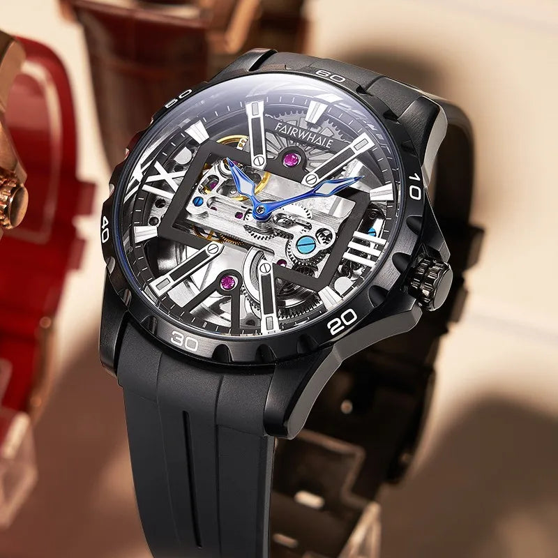 Mark Fairwhale NORIVEXA Obsidian Luxe – Sleek black automatic watch for men, 43mm stainless steel case, luminous dial
