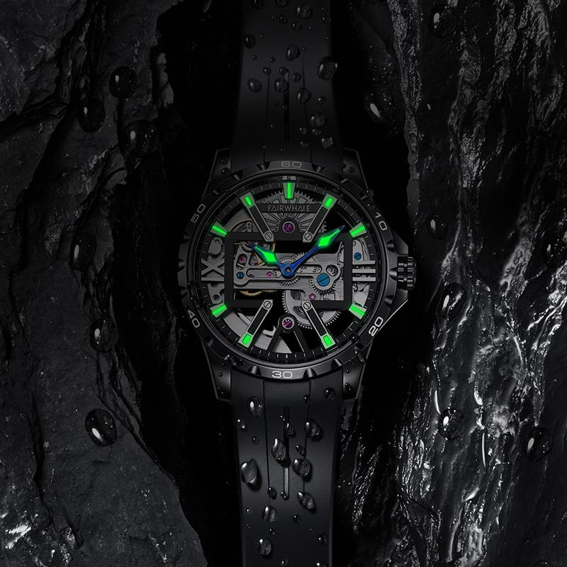 Mark Fairwhale NORIVEXA Obsidian Luxe – Sleek black automatic watch for men, 43mm stainless steel case, luminous dial