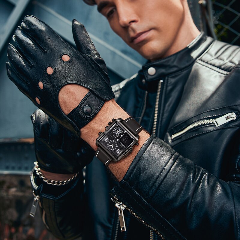 Mark Fairwhale QUADRA 4380 retro square analog-digital men’s watch with leather strap and stainless steel case