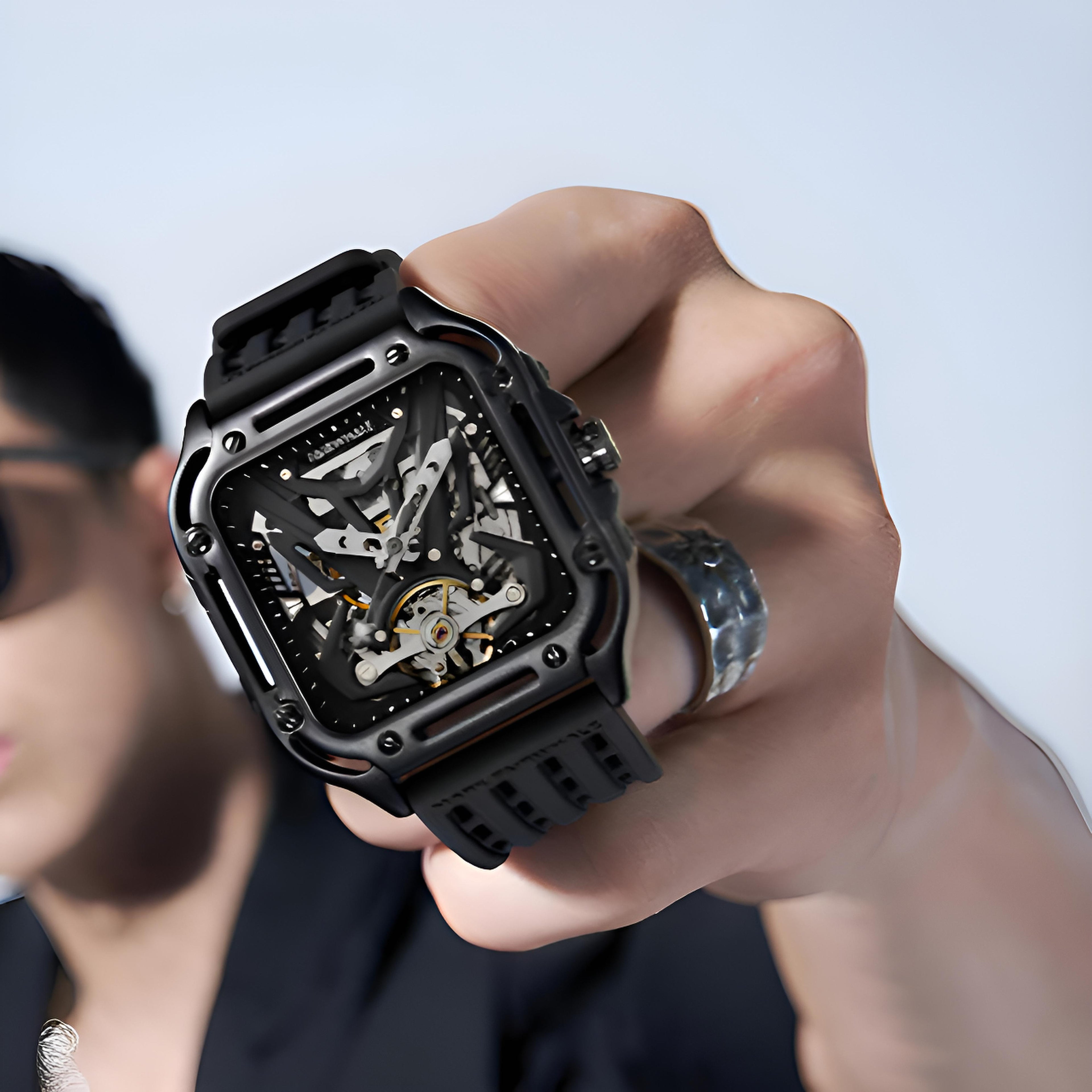 Mark Fairwhale RECTRON Obsidian Axis – Black numberless automatic mechanical watch for men with rubber strap and luminous hands