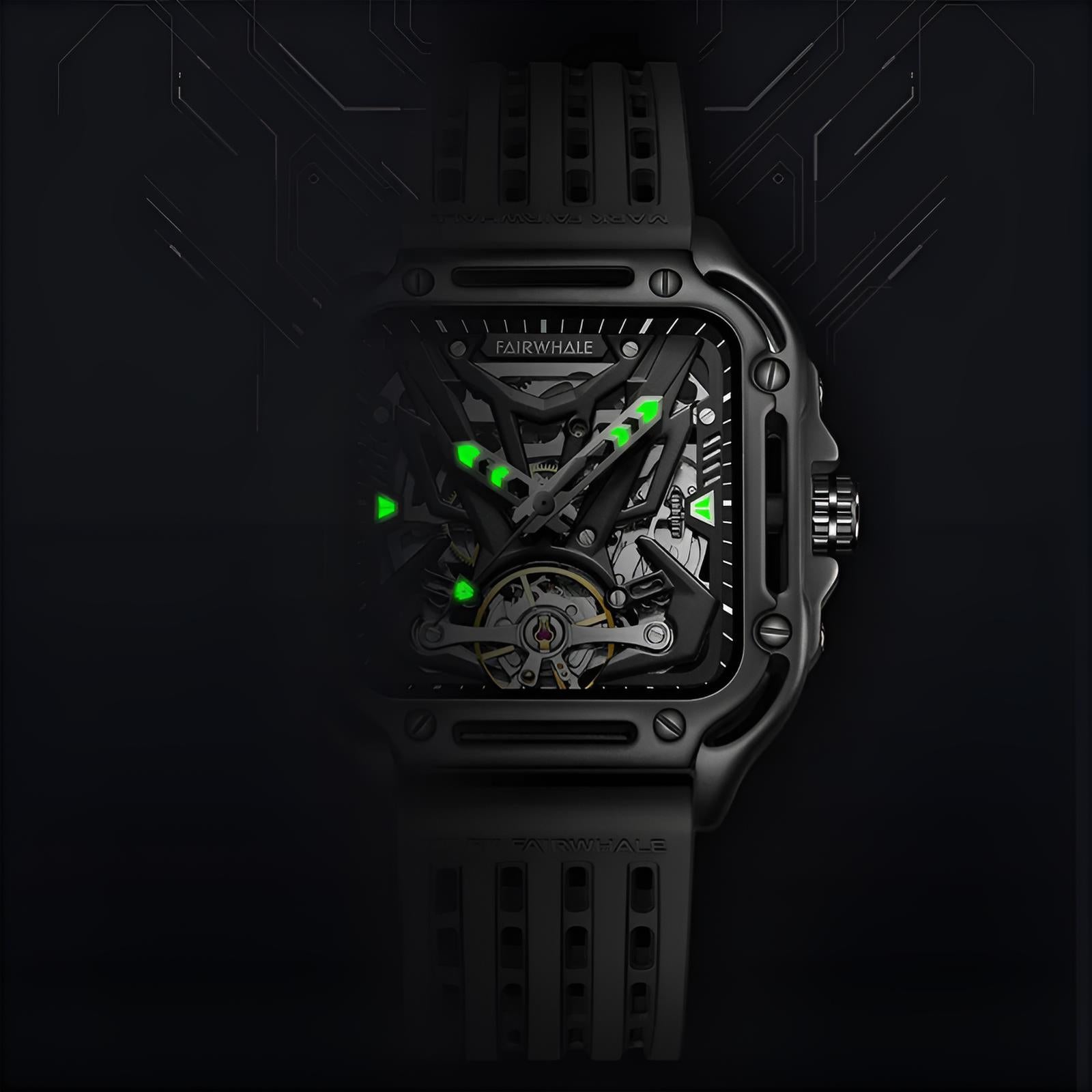 Mark Fairwhale RECTRON Obsidian Axis – Black rectangular automatic watch for men with numberless dial and luminous hands