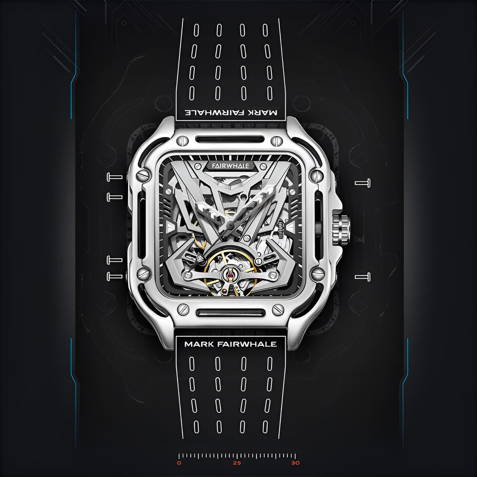 Mark Fairwhale RECTRON Graphite Core – Dark gray minimalist mechanical watch with stainless steel case and rubber strap