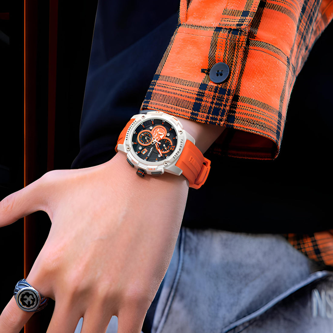 Mark Fairwhale REFUSIO FW-4360 chronograph watch with bold orange silicone strap and orange multi-layer dial