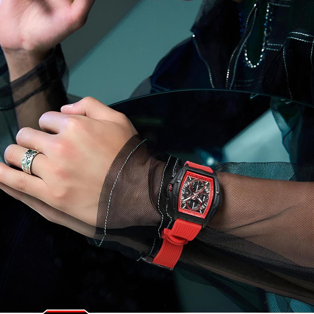 Mark Fairwhale FW-6590 RUBBER -chronograph watch with red strap, tonneau stainless steel case, and bold red dial design