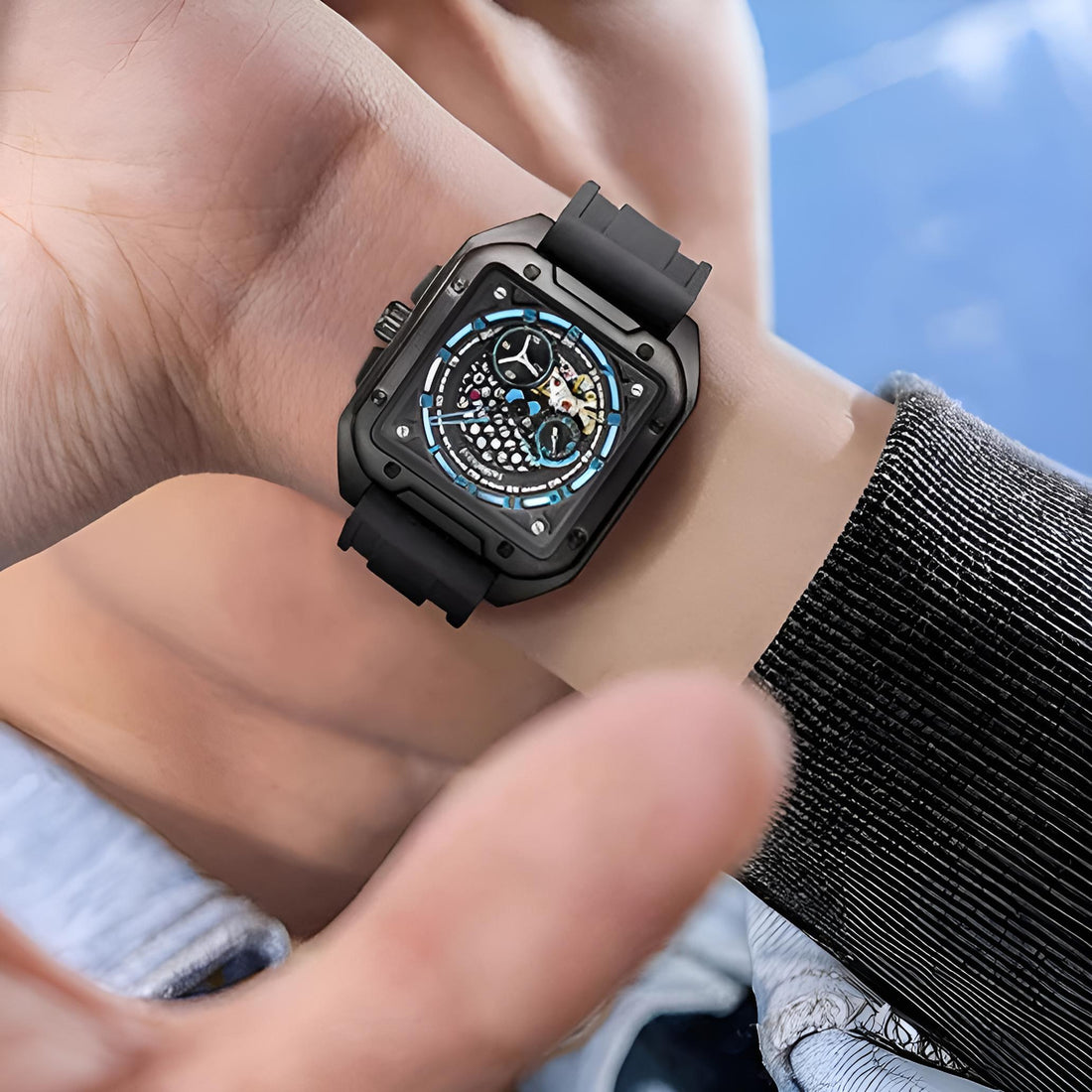 Mark Fairwhale RYON Night Tide – Black skeleton dial automatic watch for men with luminous tourbillon and stainless steel case