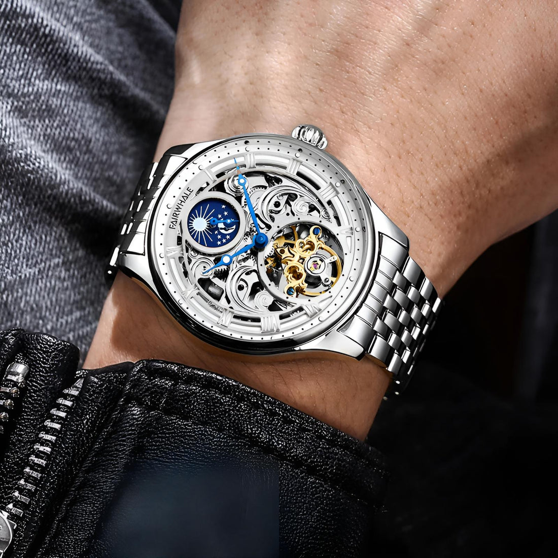 Mark Fairwhale SORIONI Horizon Steel – Silver-tone automatic moon phase watch for men with leather strap and stainless steel case