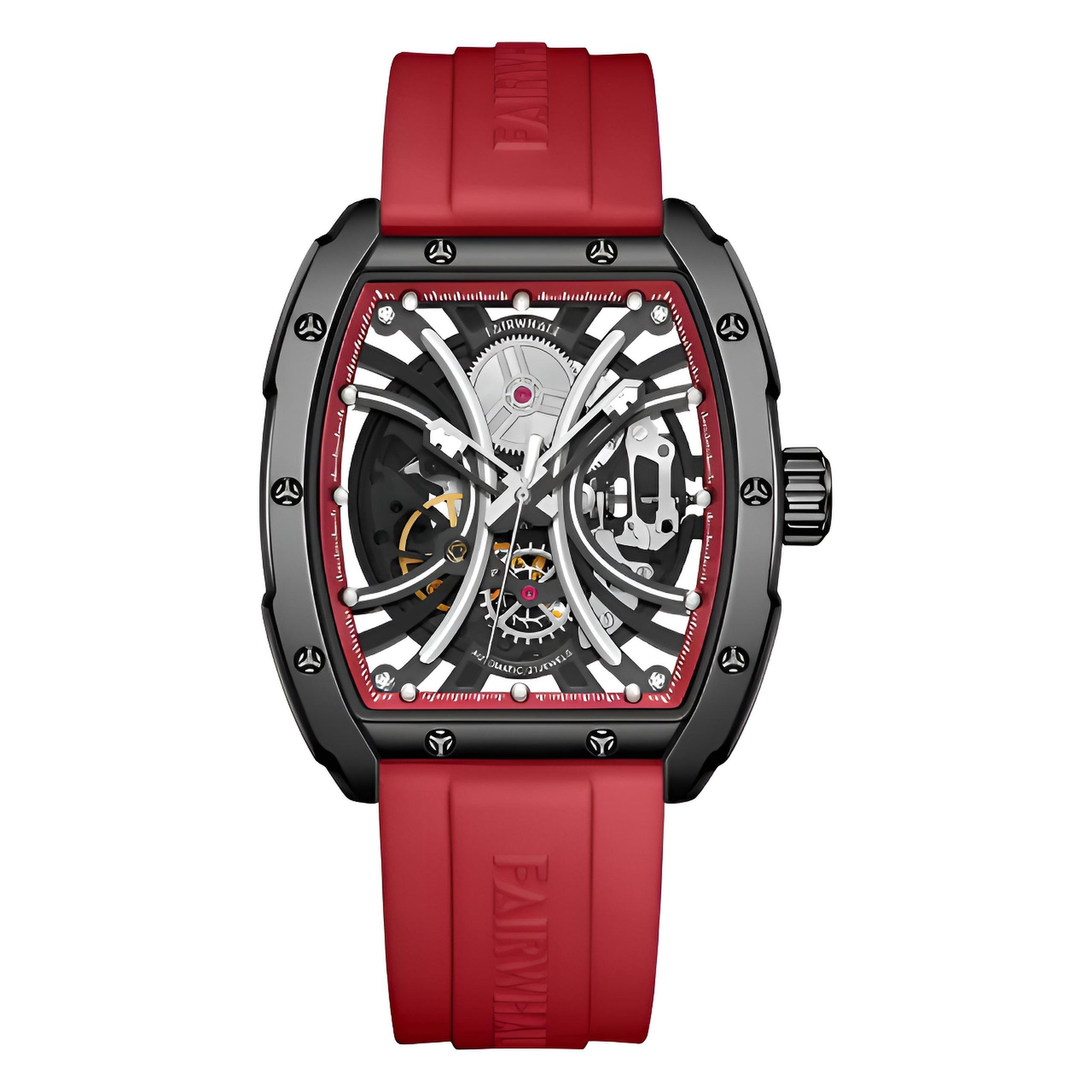 Mark Fairwhale TARVIX Ignis Forge – Red accent tourbillon automatic watch for men with bold design and mechanical transparency