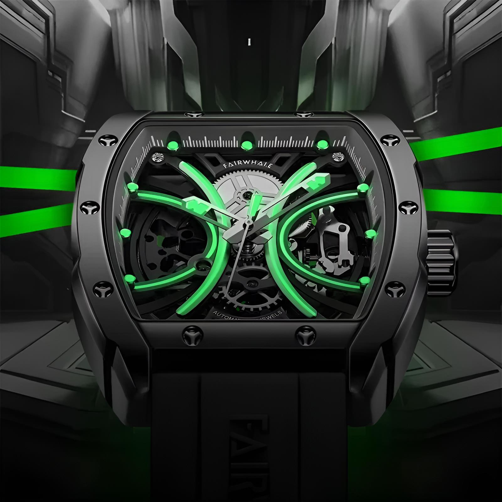 Mark Fairwhale TARVIX Obsidian Vault – Black tonneau automatic skeleton watch with tourbillon and silicone strap for men