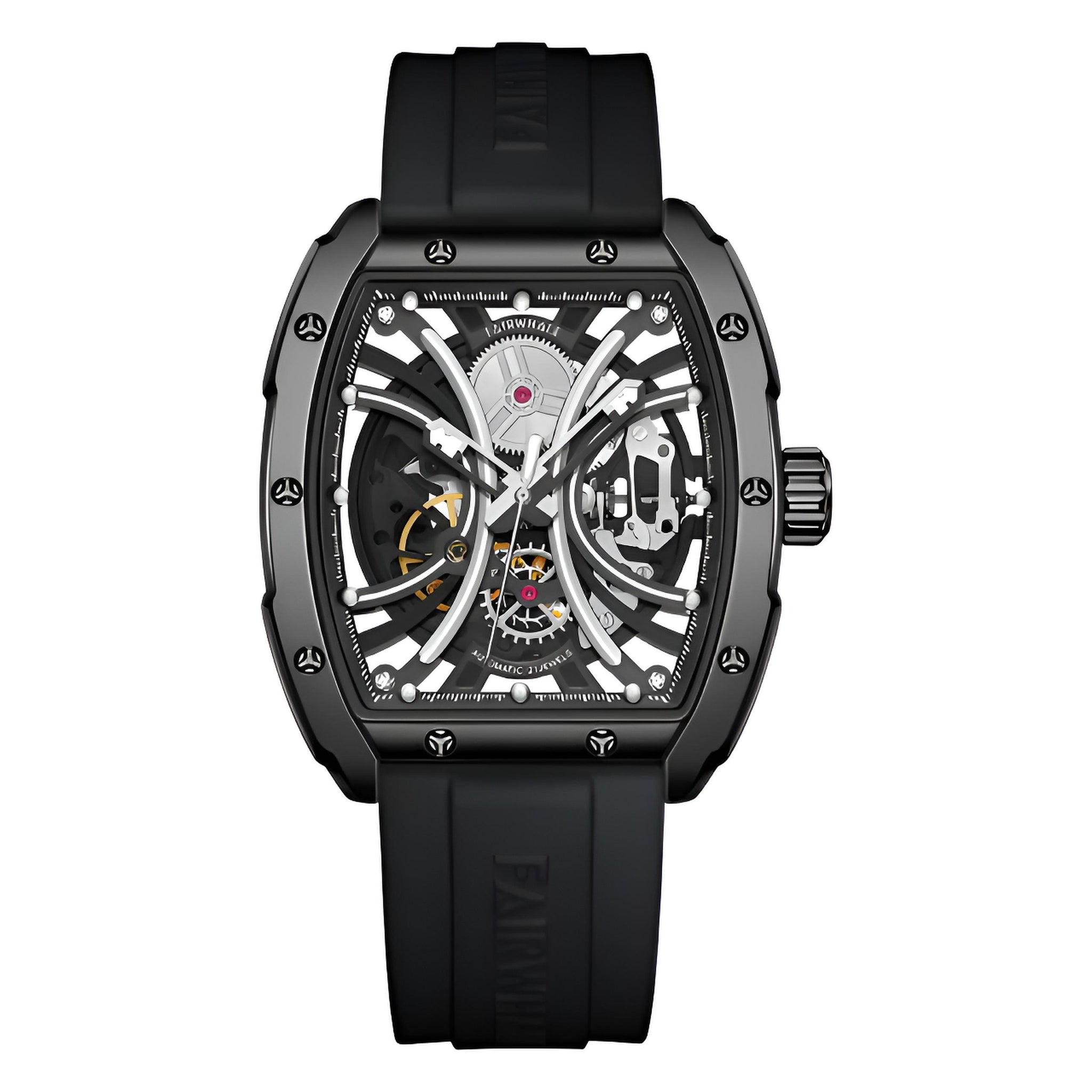 Mark Fairwhale TARVIX Obsidian Vault – Black tonneau automatic skeleton watch with tourbillon and silicone strap for men