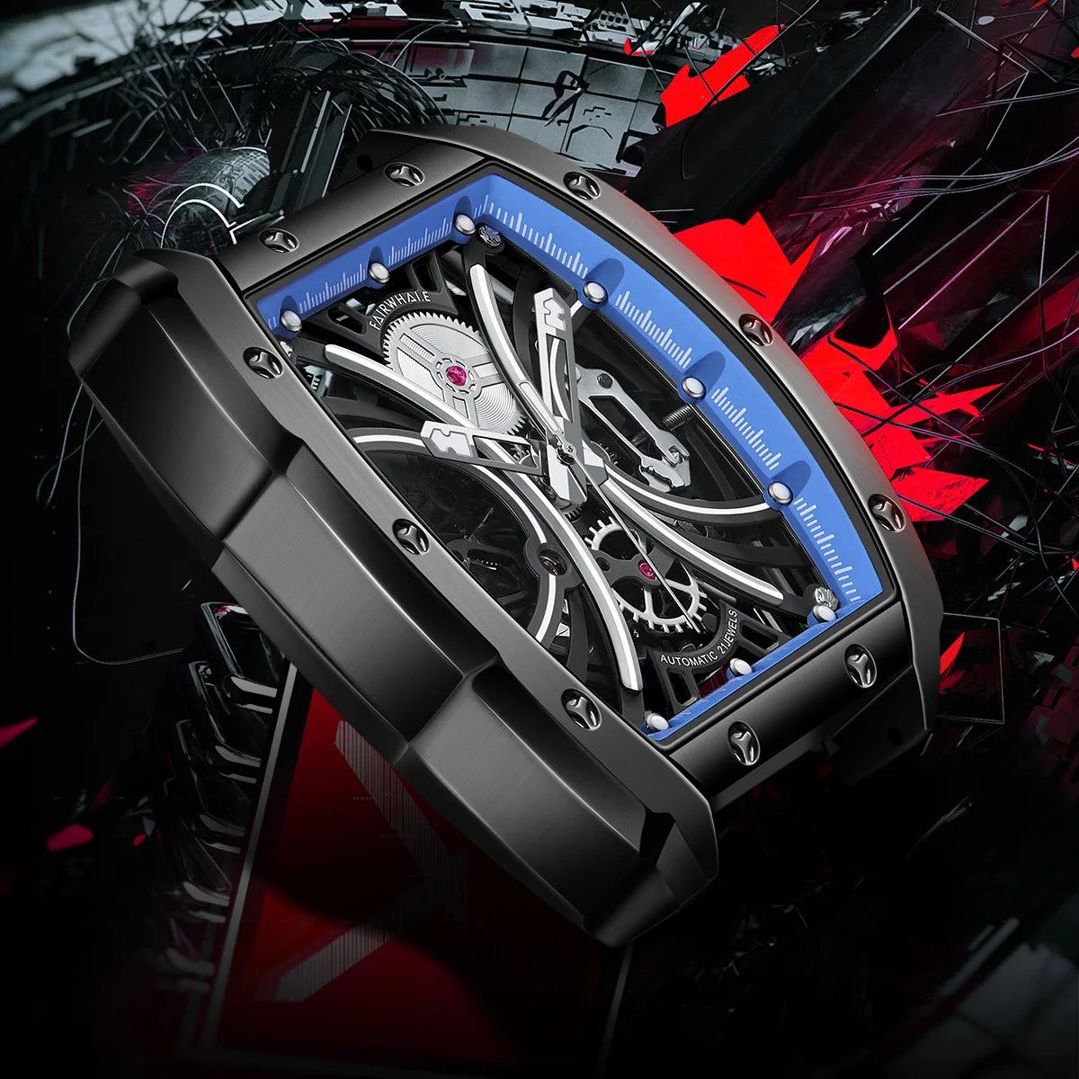 Mark Fairwhale TARVIX Obsidian Vault – Black tonneau automatic skeleton watch with tourbillon and silicone strap for men