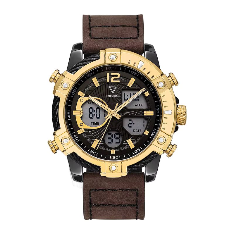 Mark Fairwhale TECTRON Auric Ridge brown gold chronograph watch, 48mm stainless steel case, LED display, leather strap