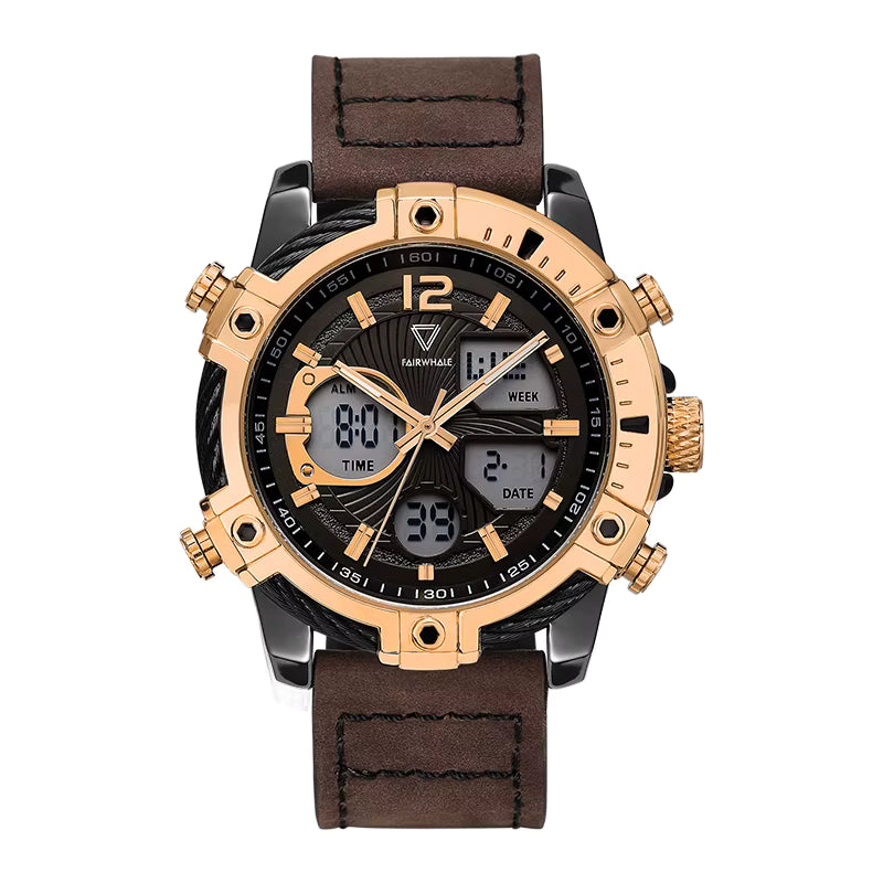 Mark Fairwhale TECTRON Desert Alloy brown beige watch for men, 48mm analog digital chronograph, stainless steel case