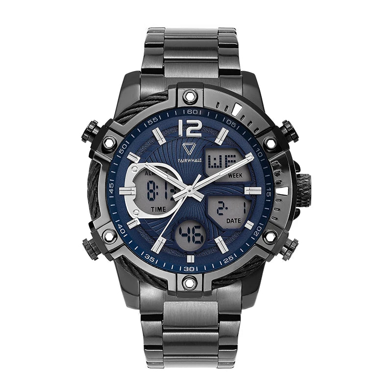 Mark Fairwhale TECTRON Navy Vault black blue chronograph watch, 48mm stainless steel case, digital analog display, LED function