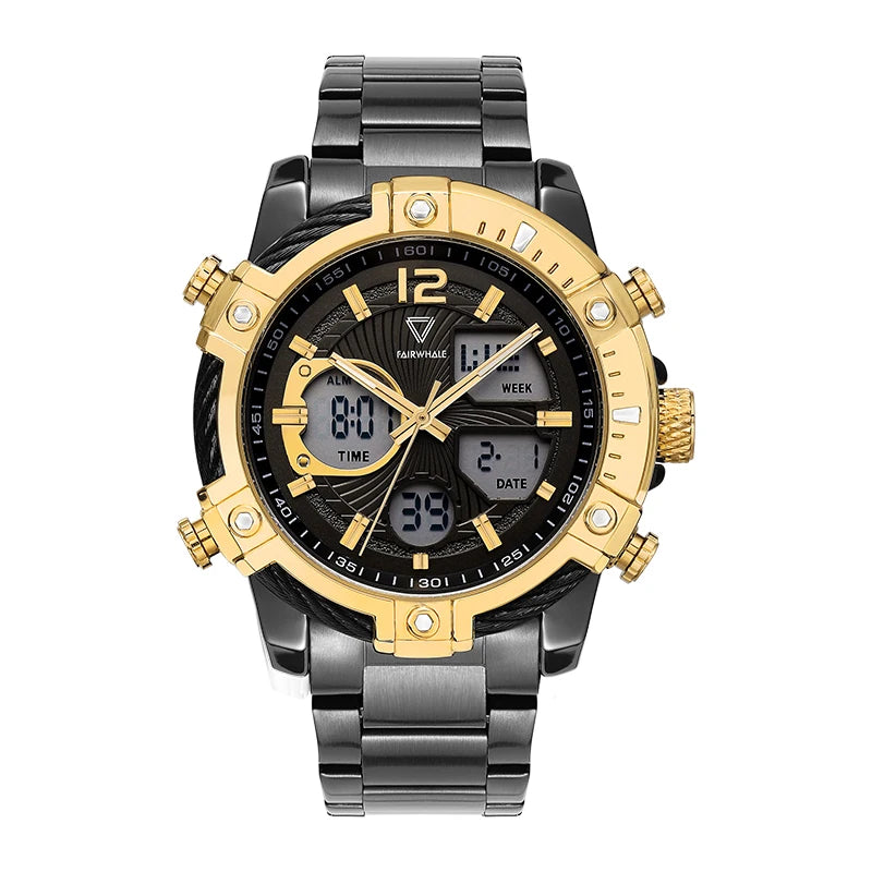 Mark Fairwhale TECTRON Obsidian Crown black gold chronograph watch, 48mm stainless steel case, gold accents, LED display