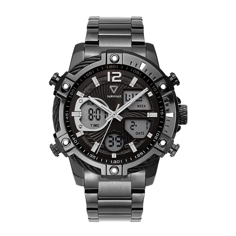 Mark Fairwhale TECTRON Steel Nexus black metal sports watch, 48mm stainless steel case and bracelet, analog digital chronograph,
