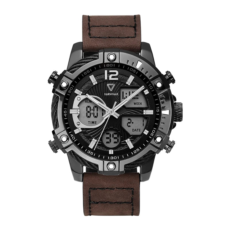 Mark Fairwhale TECTRON Terra Frame brown black chronograph watch, stainless steel case, digital analog display