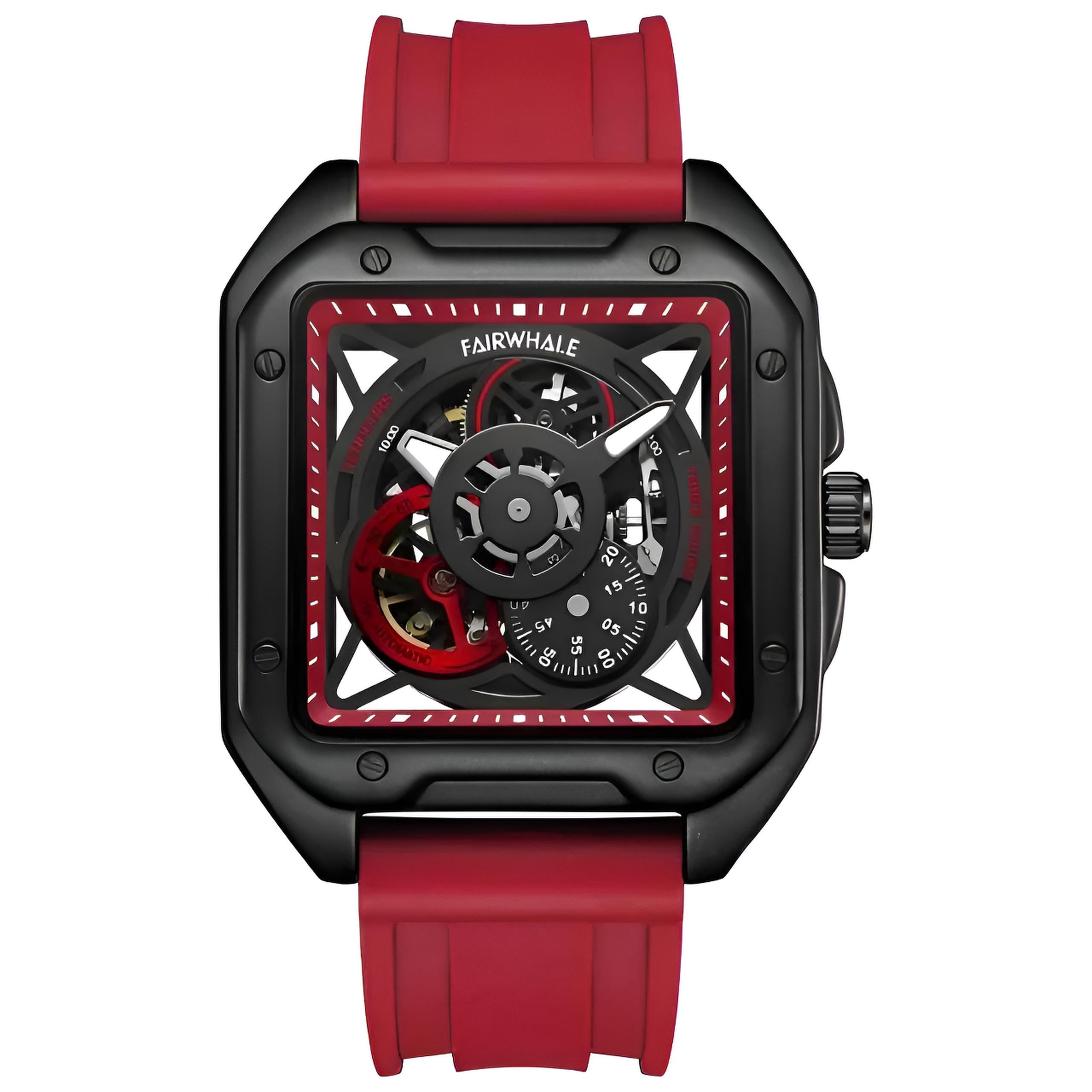 Mark Fairwhale TRENIX Ignis Core – Red accent automatic skeleton watch for men, luminous hands & sporty square design