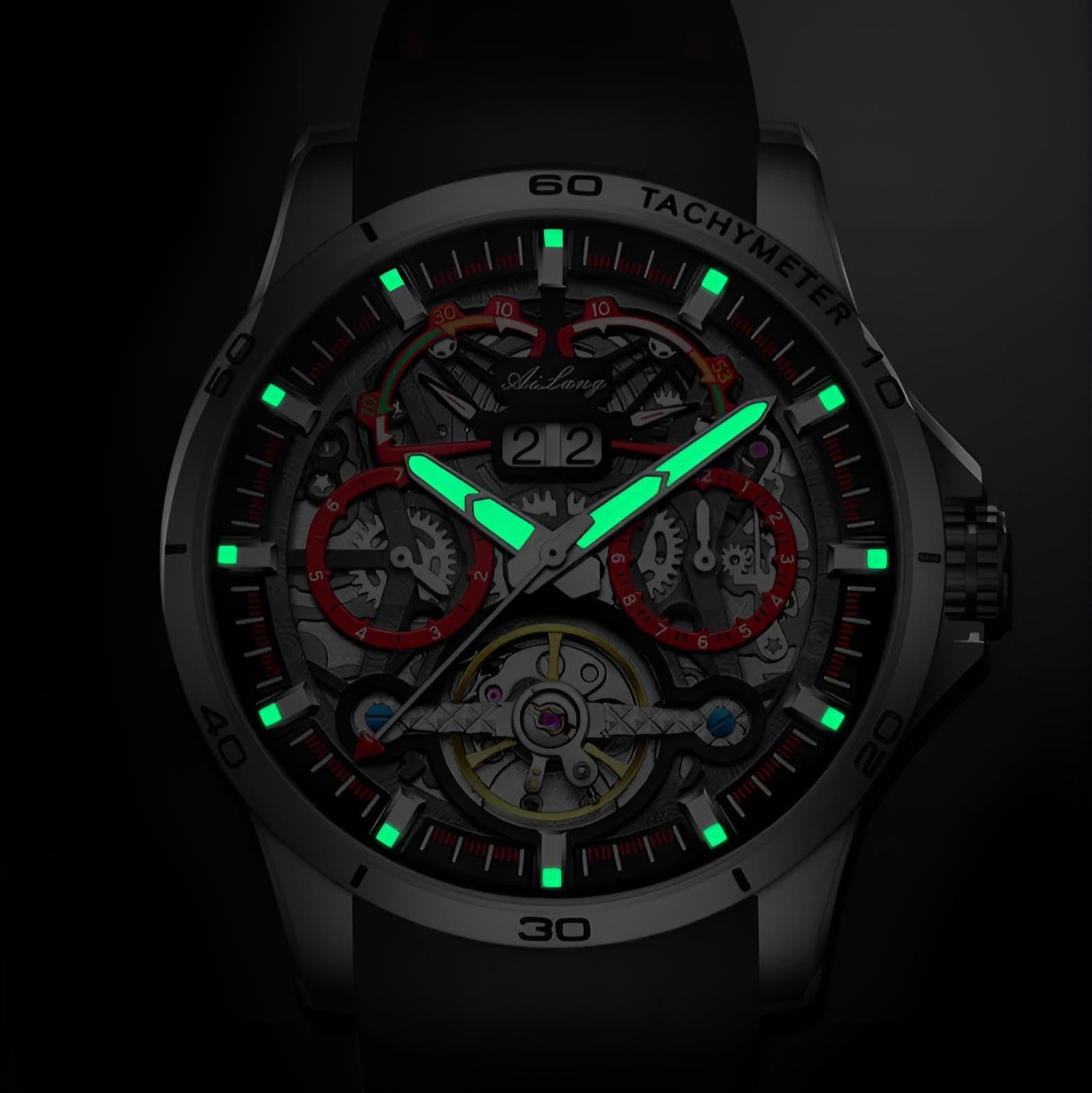 Mark Fairwhale THERION Crimson Pulse – Red-accent automatic watch for men with calendar display and luminous hands