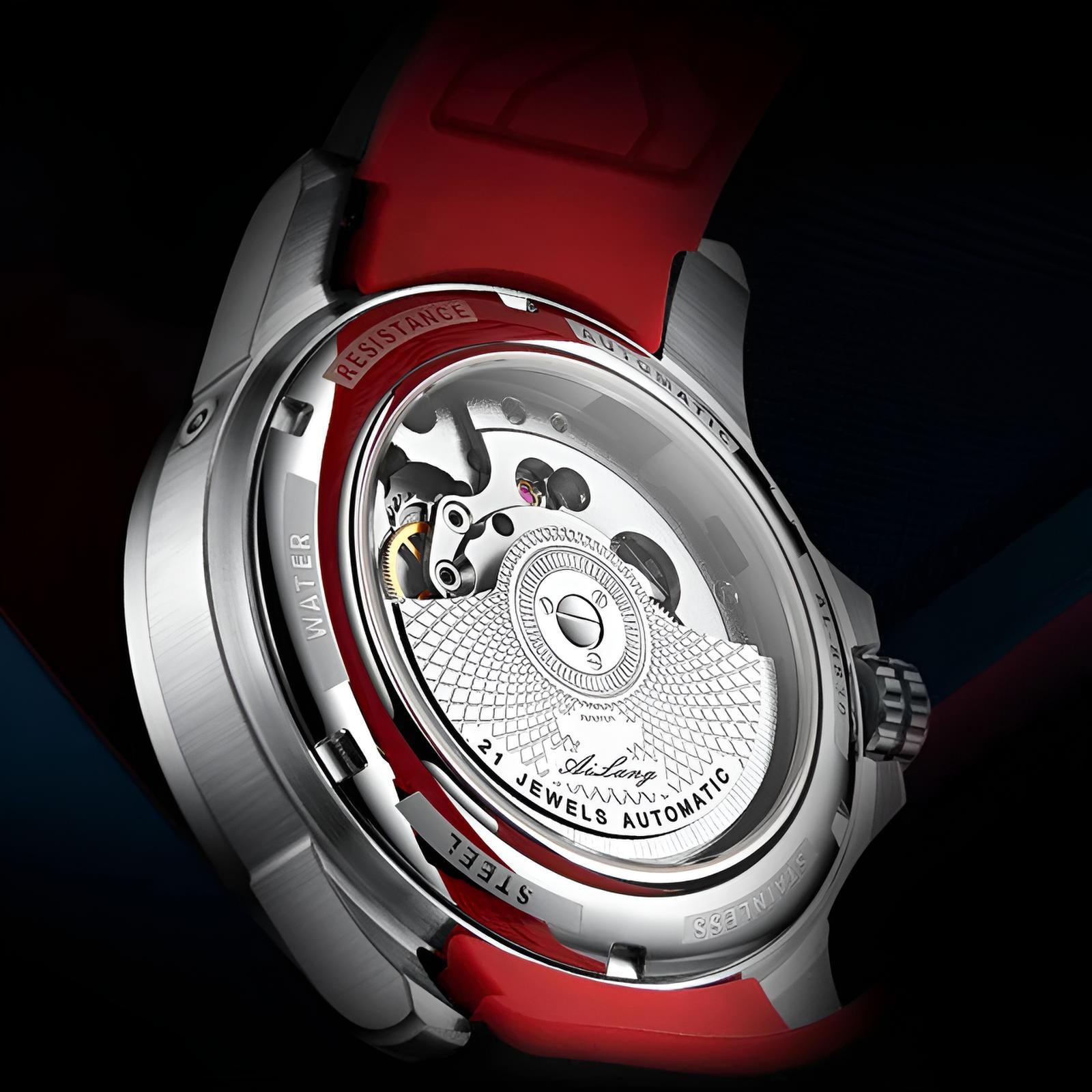 Mark Fairwhale THERION Crimson Pulse – Red-accent automatic watch for men with calendar display and luminous hands