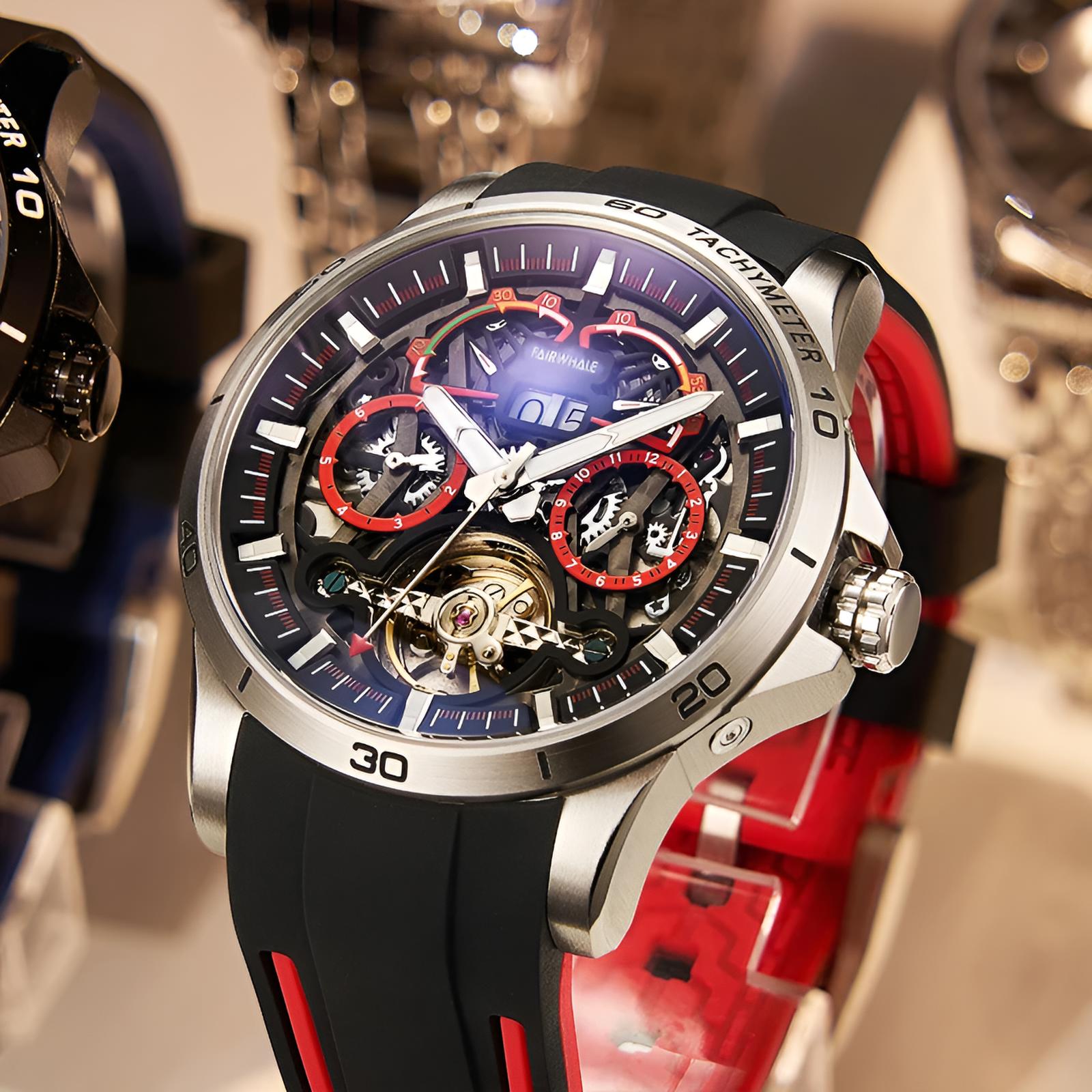 Mark Fairwhale THERION Crimson Pulse – Red-accent automatic watch for men with calendar display and luminous hands
