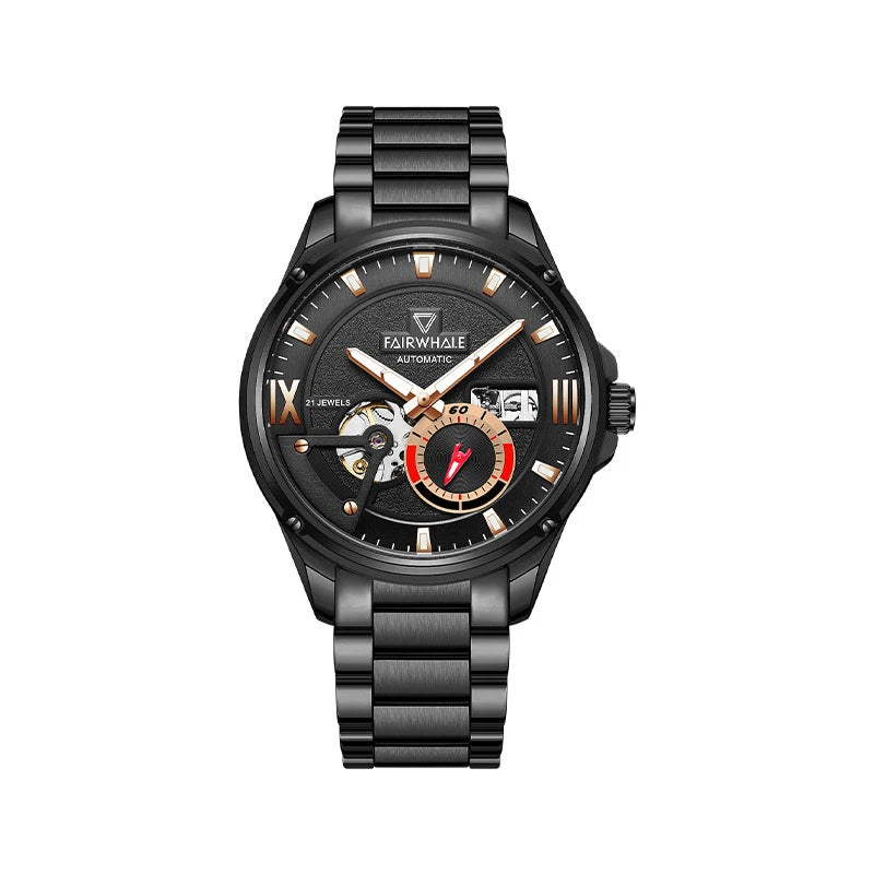 Mark Fairwhale THERION Obsidian Drive black skeleton automatic watch, 100M water resistant, stainless steel bracelet