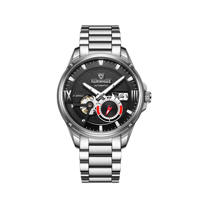Mark Fairwhale THERION Shadow Steel silver black automatic watch, skeleton dial, 100M waterproof, stainless steel case