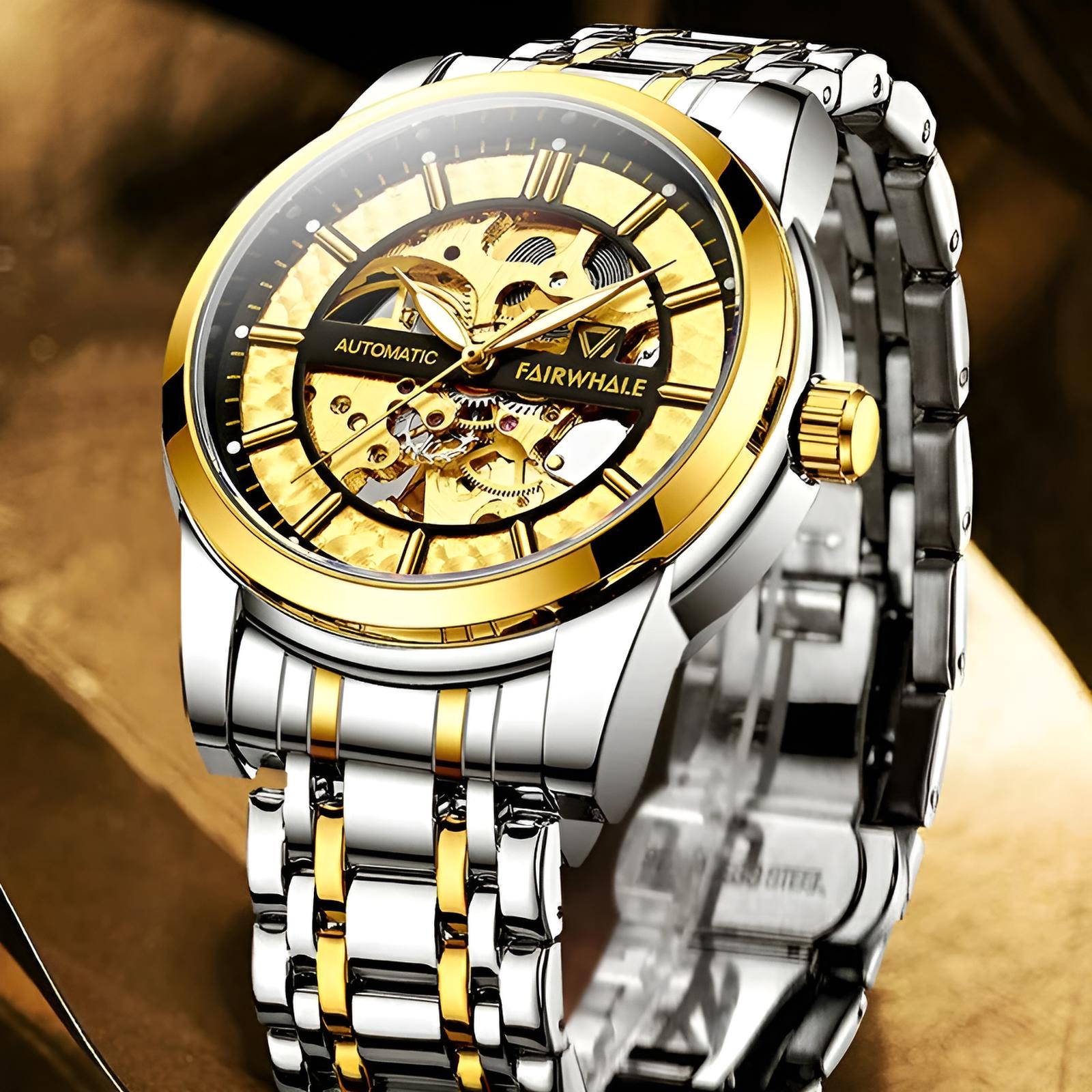Mark Fairwhale THORIX Solar Frame – Black dial skeleton automatic watch for men with luminous hands and stainless steel case