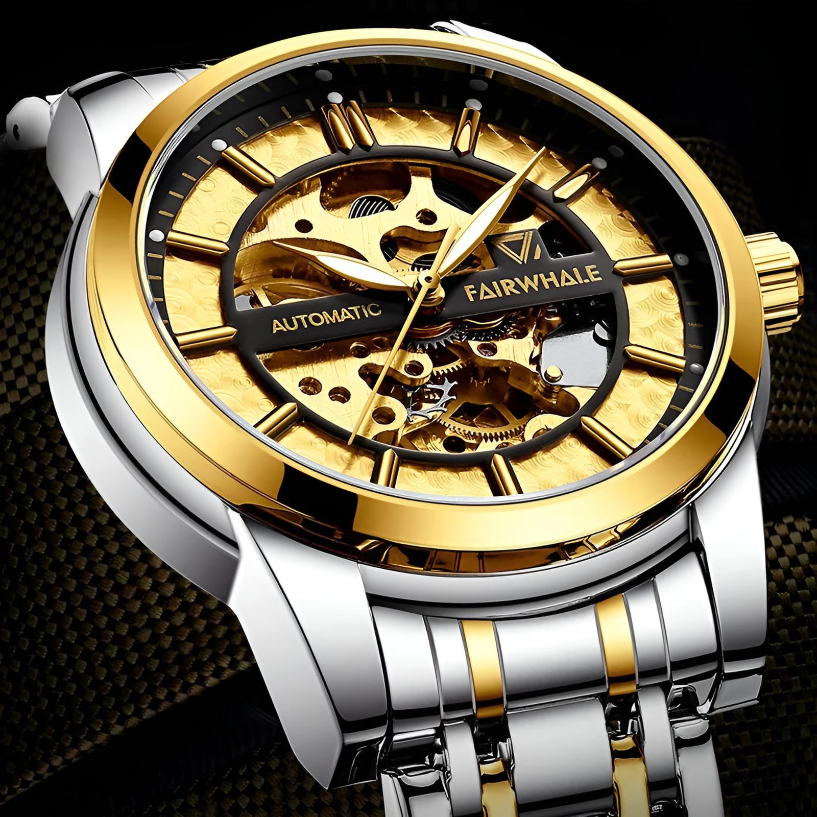 Mark Fairwhale THORIX Solar Frame – Black dial skeleton automatic watch for men with luminous hands and stainless steel case