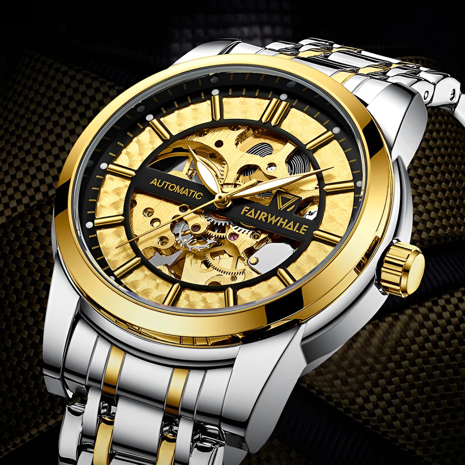 Mark Fairwhale THORIX Solar Frame – Black dial skeleton automatic watch for men with luminous hands and stainless steel case
