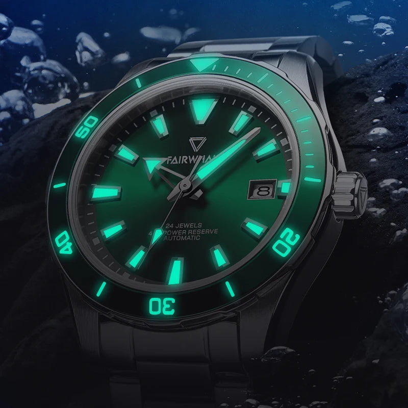 Mark Fairwhale TIDRON Deepwater Navy – Blue luminous automatic sport watch for men with stainless steel bracelet and 100M water resistance