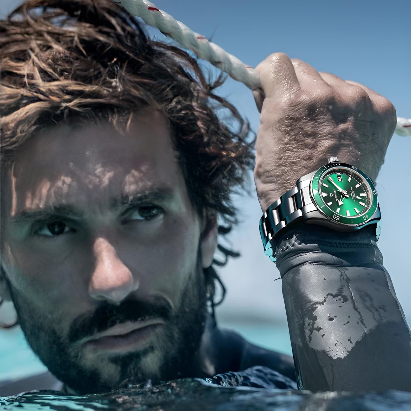 Mark Fairwhale TIDRON Deepwater Navy – Blue luminous automatic sport watch for men with stainless steel bracelet and 100M water resistance