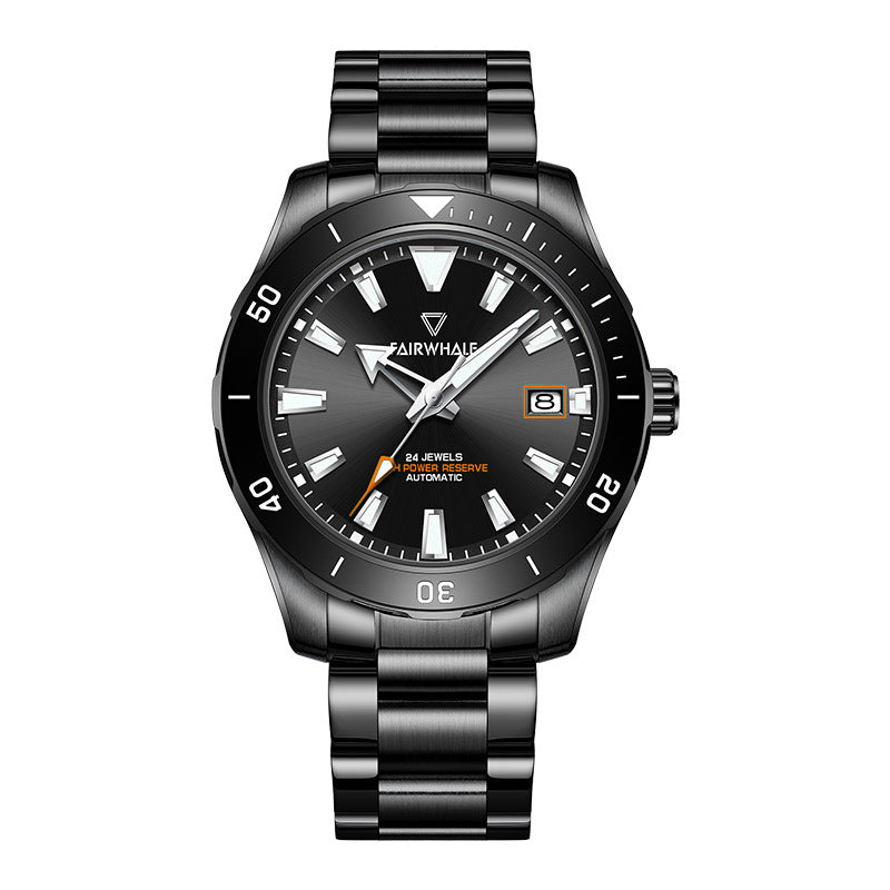 Mark Fairwhale TIDRON Obsidian Steel black automatic watch, 100M water resistant, luminous hands, stainless steel case