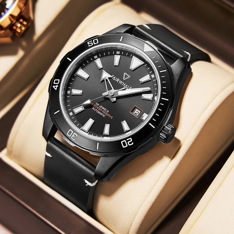Mark Fairwhale TIDRON Shadow Flex black rubber automatic watch, 100M waterproof, luminous dial, stainless steel accents