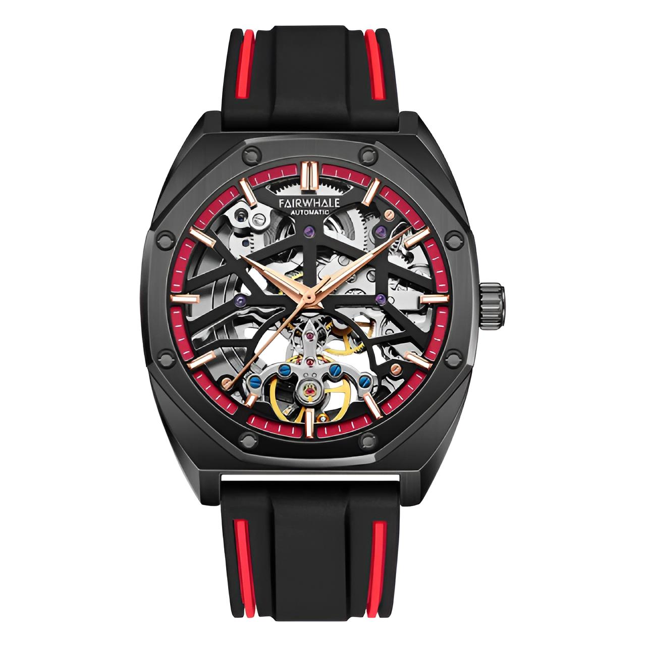 Mark Fairwhale TROVIX Crimson Surge – Red accent hollow tourbillon automatic watch with skeleton dial and sport rubber strap