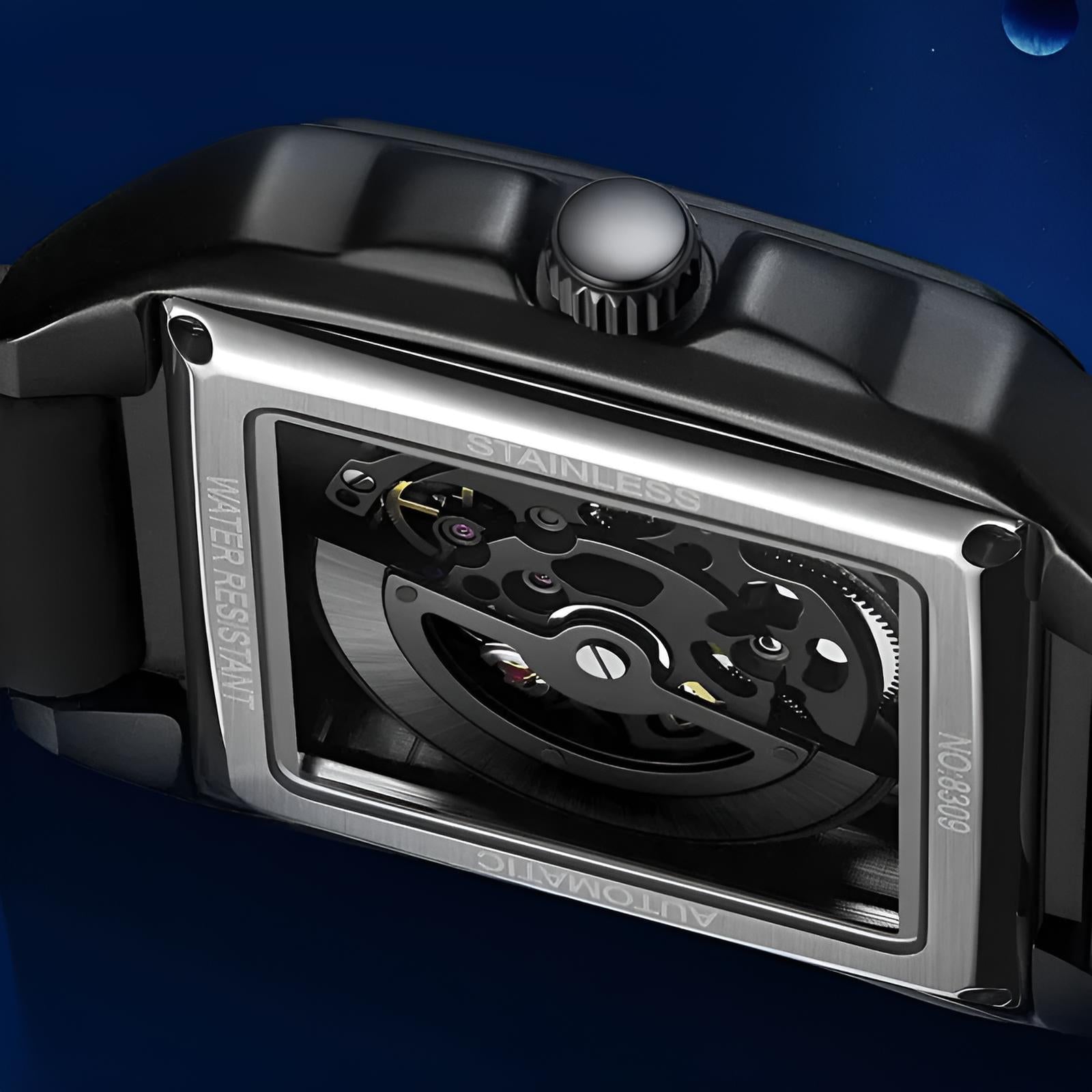 Mark Fairwhale TRENIX Obsidian Drive – Black stainless steel skeleton watch for men with high-grip silicone strap & luminous display