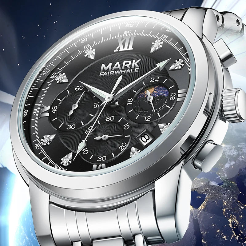 Mark Fairwhale TRINOMA 5180 men’s black dial quartz watch with calendar and luminous markers