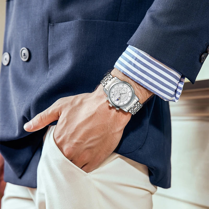 Mark Fairwhale TRINOMA 5180 men’s stainless steel quartz watch worn with formal suit