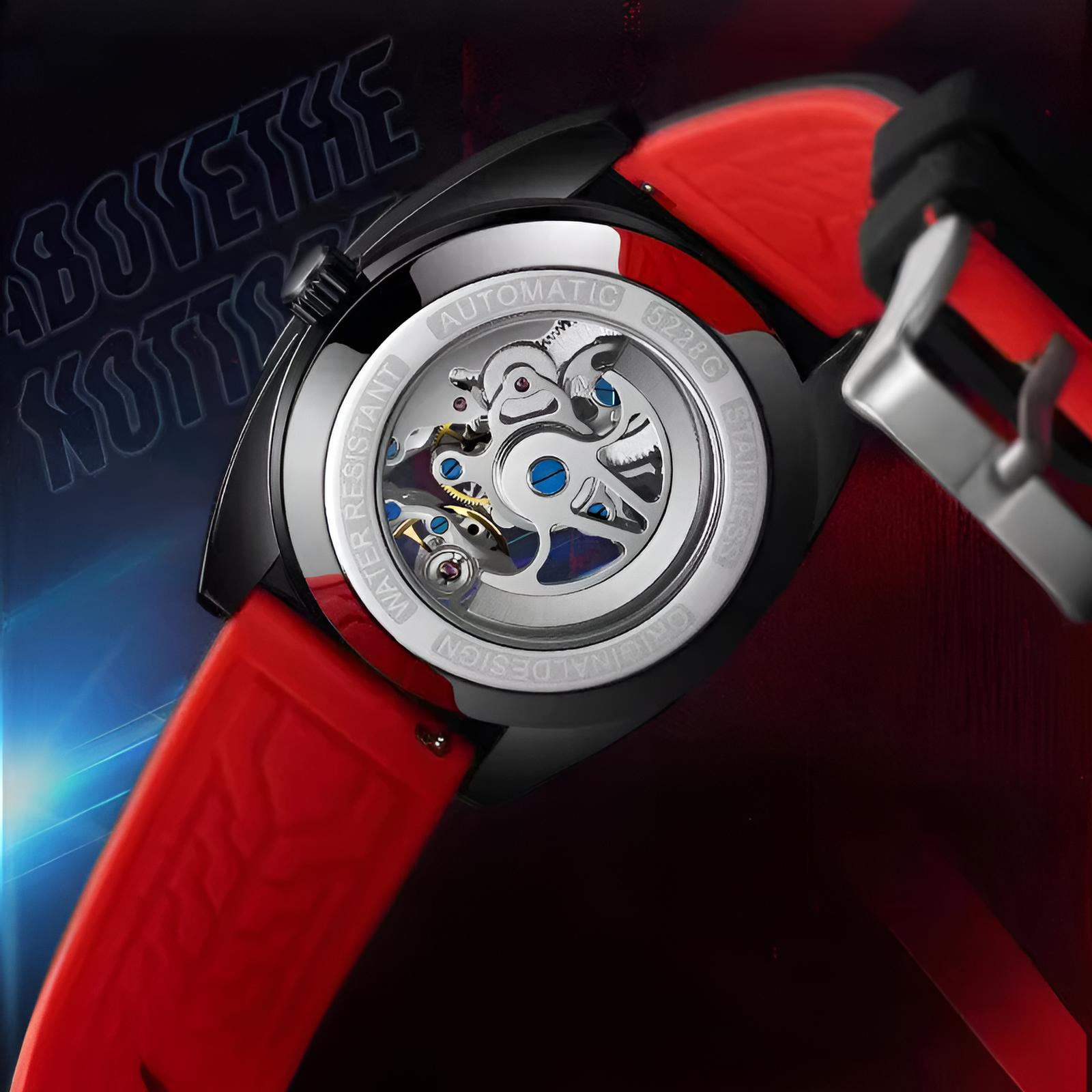 Mark Fairwhale TROVIX Crimson Surge – Red accent hollow tourbillon automatic watch with skeleton dial and sport rubber strap