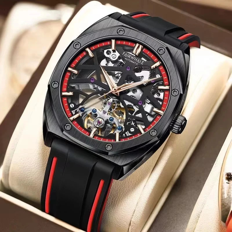 Mark Fairwhale TROVIX Crimson Surge – Red accent hollow tourbillon automatic watch with skeleton dial and sport rubber strap