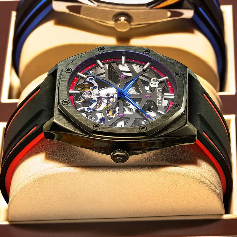 Mark Fairwhale TROVIX Crimson Surge – Red accent hollow tourbillon automatic watch with skeleton dial and sport rubber strap