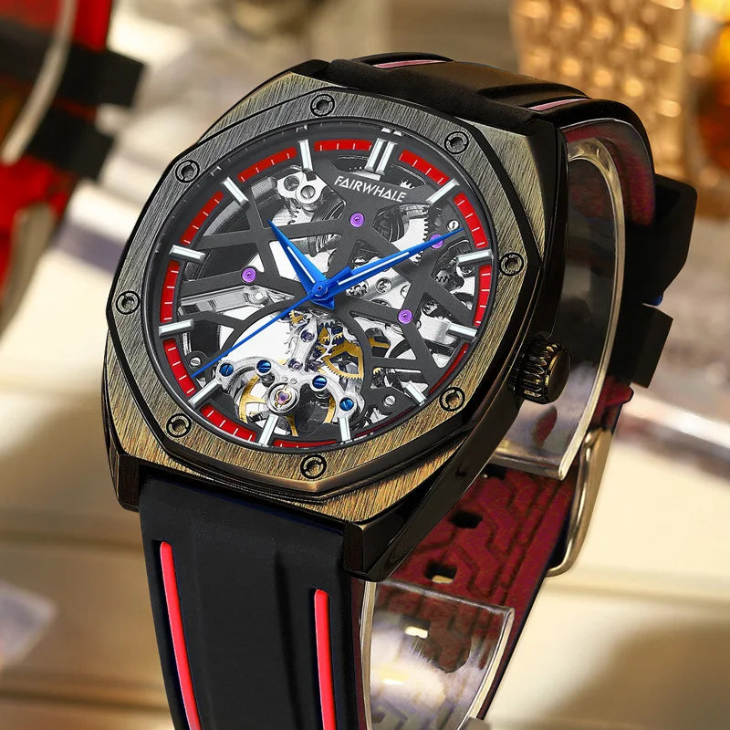 Mark Fairwhale TROVIX Crimson Surge – Red accent hollow tourbillon automatic watch with skeleton dial and sport rubber strap