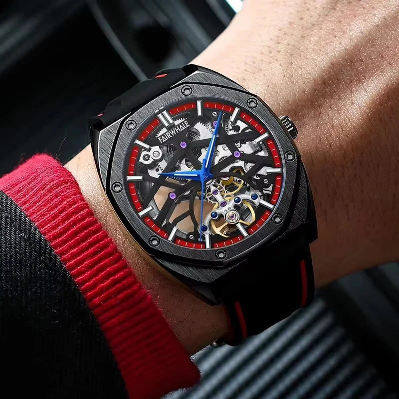 Mark Fairwhale TROVIX Crimson Surge – Red accent hollow tourbillon automatic watch with skeleton dial and sport rubber strap