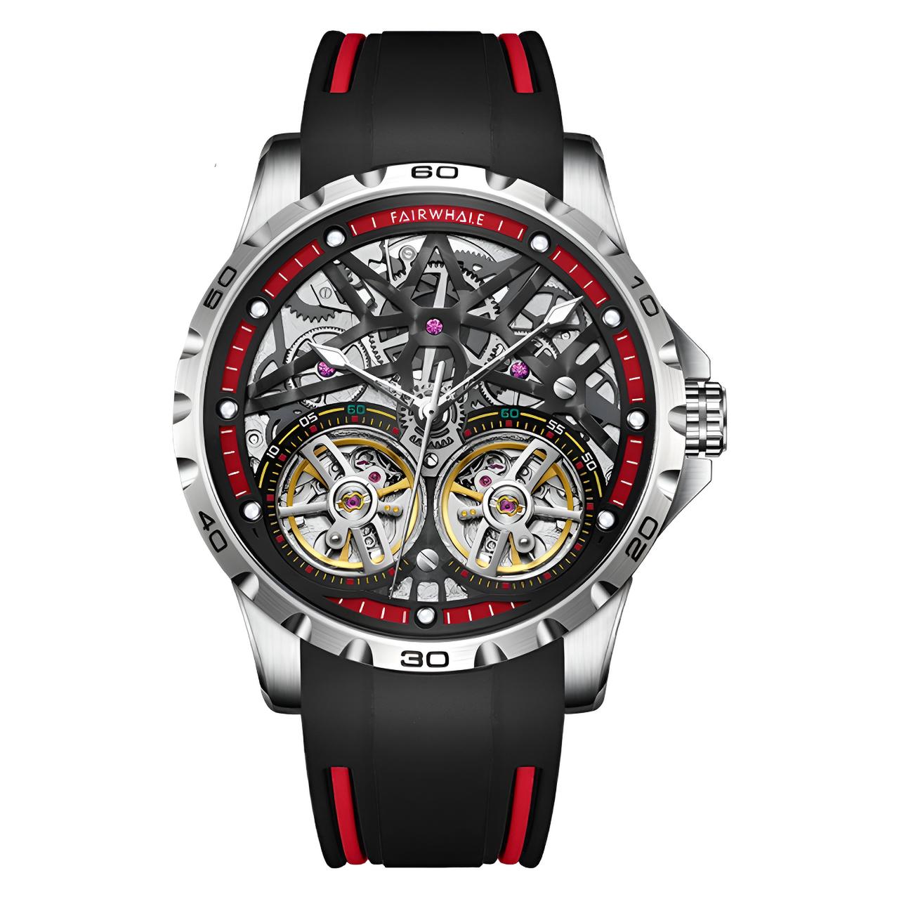 Mark Fairwhale TWINIX Crimson Red – Red accent dual tourbillon skeleton automatic watch for men with high-contrast mechanics and sport rubber strap