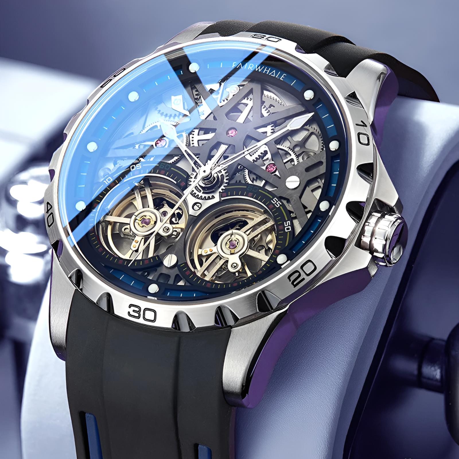 Mark Fairwhale TWINIX Deep Current – Dark blue dial dual tourbillon skeleton automatic watch for men with luminous display and rubber strap