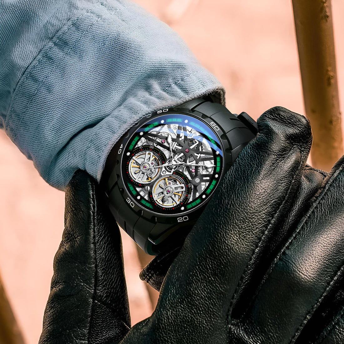 Mark Fairwhale TWINIX Deep Current – Dark blue dial dual tourbillon skeleton automatic watch for men with luminous display and rubber strap