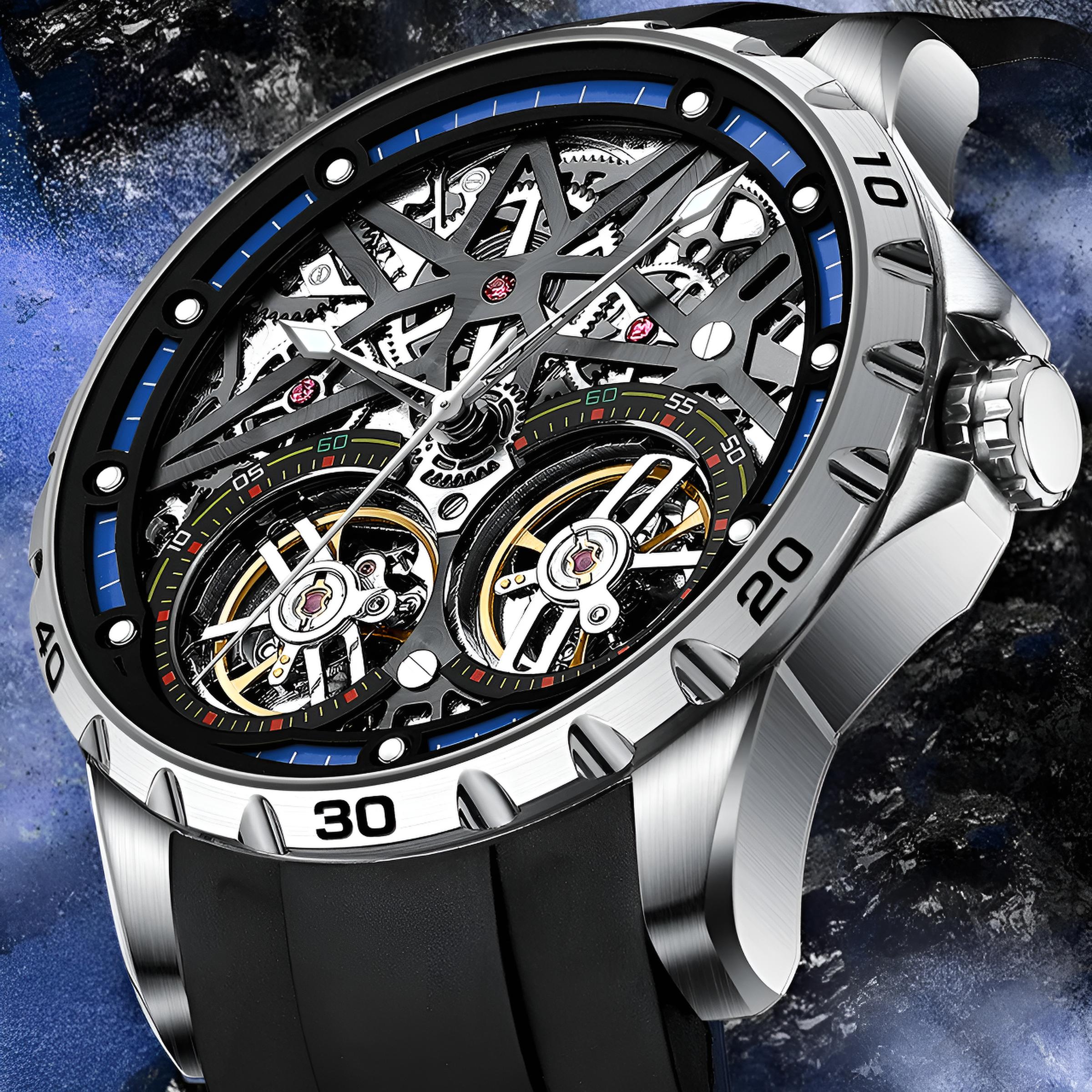 Mark Fairwhale TWINIX Deep Current – Dark blue dial dual tourbillon skeleton automatic watch for men with luminous display and rubber strap
