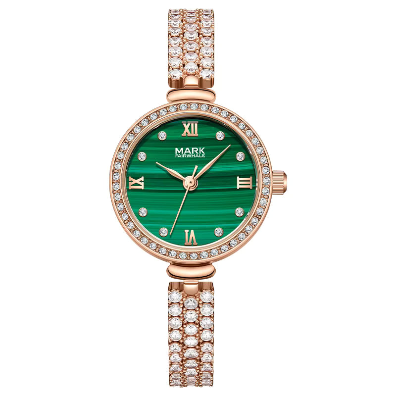 Mark Fairwhale VALERIE Moss Bloom beige green luxury watch for women, round dial, stainless steel band, quartz movement