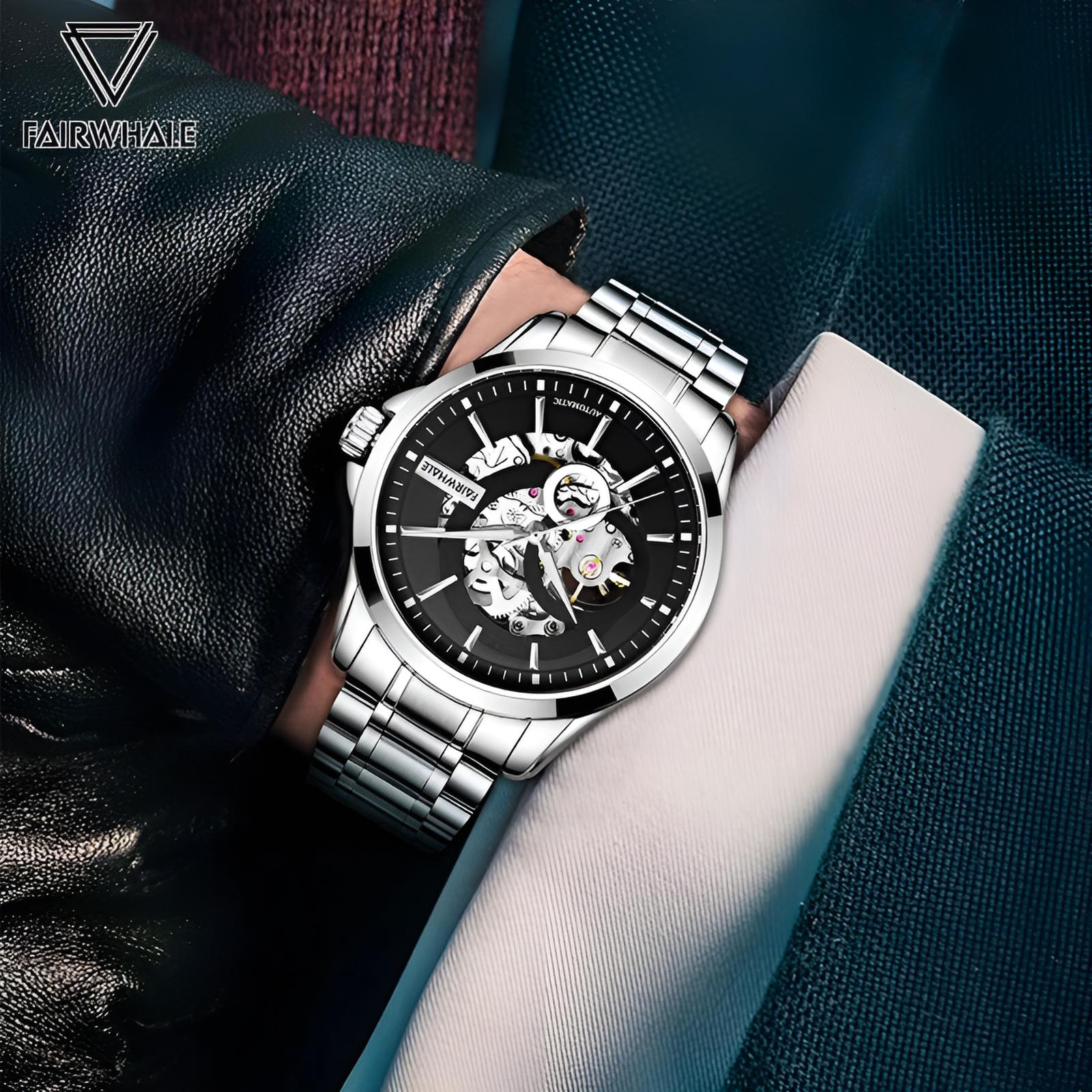 Mark Fairwhale VARTEXI Apex Steel – Silver-tone automatic skeleton tourbillon watch for men with luminous dial and stainless steel bracelet