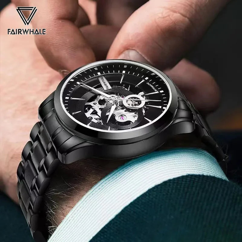 Mark Fairwhale VARTEXI Void Drive – Black PVD automatic tourbillon watch for men with dark skeleton dial and stealth stainless steel design